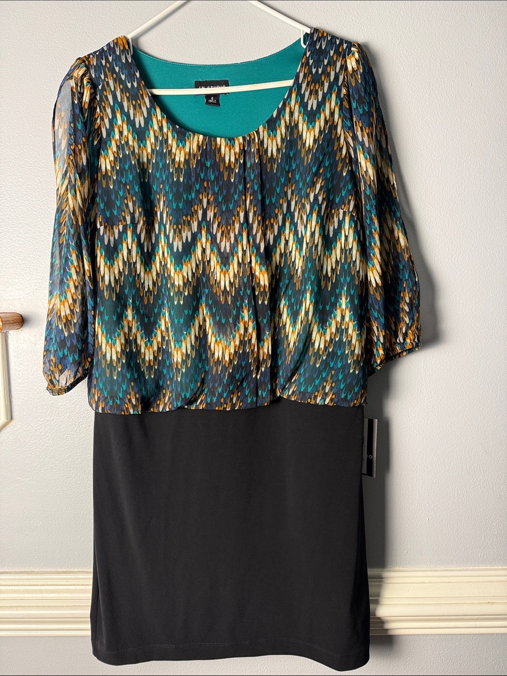 I.N. Studio Teal, Black & Gold Patterned Sheath Dress